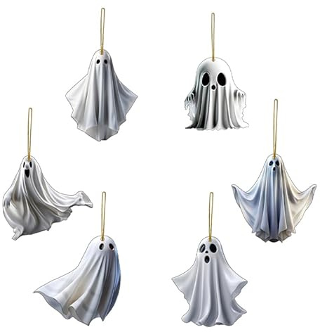6 Pcs Halloween Hanging Ornaments for Tree Cute White Little Ghost Designs Halloween Spooky Acrylic Pendants Cartoon Ghost Hanging Ornaments Decorative for Holiday Party Craft Supplies