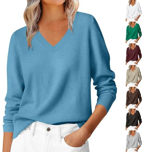 Cashmere Jumpers for Women V Neck Sweater Ladies Casual Lightweight Plain Pullover Long Sleeve Tops Dressy Fine Knit Jumpers for Women Fall Winter Tunic Blouse T-Shirt for Work Office Blue