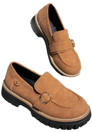 Scarpe da donna comode in stile britannico retrò, senza lacci, suola in gomma antiscivolo, con tacco grosso, mocassini da donna casual per passeggiate, Marrone, 39 EU