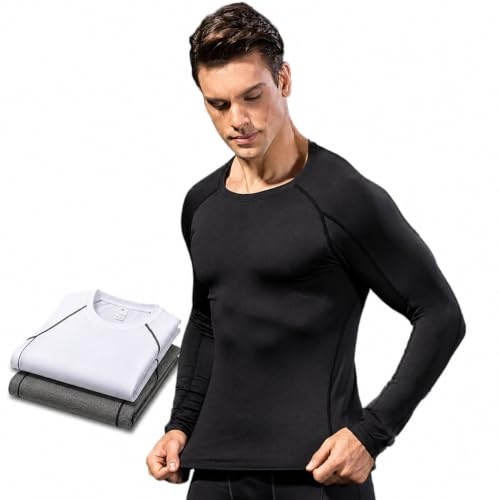 SANANG Homme Athletic à séchage rapide Compression Sous-couche Sous-couche Haut T-shirt à manches longues 3 Pack (Noir + blanc + gris, Large/ Chest 36.2'')