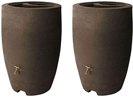 Algreen Athena 50 Gallon Plastic Outdoor Rain Barrel with Brass Spigot, Screen Guard for Rain Water Collection and Storage, Brown (2 Pack)