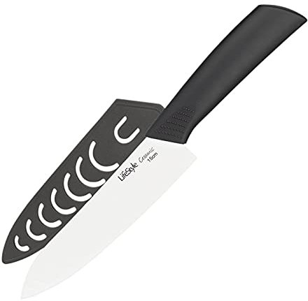 Tradineur - Cuchillo cebollero de cerámica profesional con mango de silicona y de 15 cm. Cuchillo cocinero para corte de alimentos válido para hogar o hostelería. Utensilio para cocina o repostería
