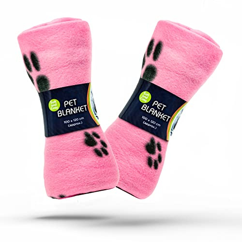 2 x hundfiltar tvättbara med tassavtryck hundfilt | kattfilt | mjuk varm hund fleece djur husdjur filt valp filt säng resa paket (rosa, 100 cm x 120 cm (förpackning med 2))