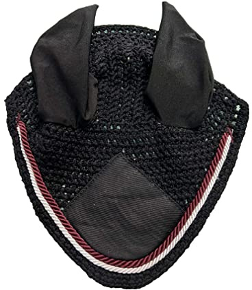 Spire Horse Soft Crochet Fly Veil Breathable Cotton Ear Net Hood Horse fly Control Masks Protector Bonnets (Pony, Black/burgundy-white)