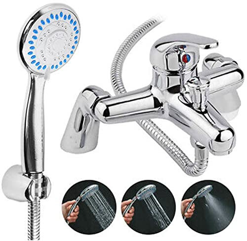 Bath Tub Shower Mixer Taps for Bathroom Bath Filler Tap with Handheld Shower Mixer Taps Chrome Solid Brass Sink Bath with Shower Handset and Hose Attachment
