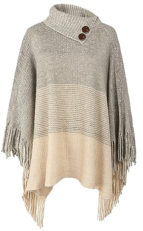 JFAN Poncho Femme Hiver Chaud Cape Femme Hive Tricot Ponchos en Maille Pull à Col Roulé Châle Grande Taille à Franges,Beige,Taille unique