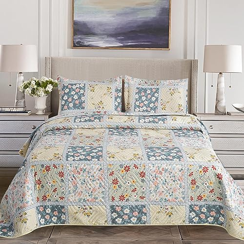 Hadi London 3Pcs Patchwork Quilted Bedspreads with 2 Shams | Reversible Floral Print | Lightweight Quilt Comfort | Fits Double and King Size Beds 220x240cm | 30 Unique Designs (MILAN-104)