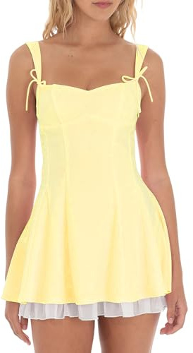 SANSIWU Women’s Summer Corset Mini Dress Fashion Sleeveless Backless Tiered Ruffle Hem Dress Solid Color Bow Tie Strap Skater Tank Dress
