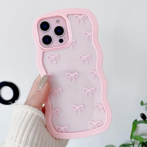 QLTYPRI Coque pour iPhone 12 Pro Max, Étui Clair et Mignon Nœud Ruban de Portable Esthétique Vague Bouclée, Housse Protectrice Antichoc Mince et Douce Transparent pour Femmes Filles - Rose