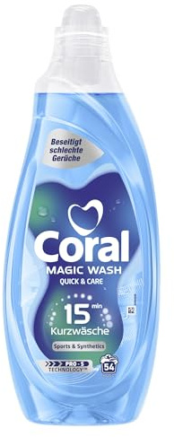 Coral Magic Wash Quick & Care Waschmittel Sports & Synthetics 54 WL | 15 Minuten Kurzwäsche, gründliche Reinigung, frischer Wäscheduft, PRO-S Technologie, 54 WL, Flüssigwaschmittel