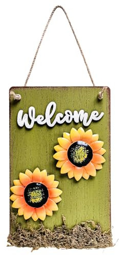 TAIYOU Green Wooden Welcome Sign with Rope 11 x 7.1 Inch Garden Gate Entrance Sign Wall Decor for Indoor Outdoor Front Door Porch Garden Office Iron Sunflower True Moss Decoration Gift Wall Art