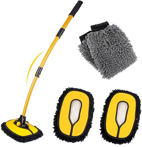 MIKKUPPA Brosse Lavage Voiture Manche Télescopique 15° Microfibre sans Rayures pour Voiture SUV Camion Camping-Car avec 2 Têtes et 2 Gants de Lavage