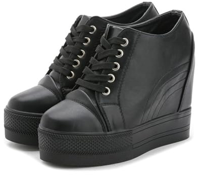 Baskets Compensées Dissimulées For Femmes Chaussures De Sport Décontractées À Plateforme Et Bout Rond À La Mode(Black,34 EU)
