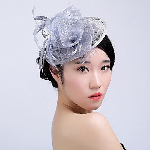 Chapeau de mariage et bibi tendance en maille avec plumes et rubans pour femme, Argenté, Taille unique