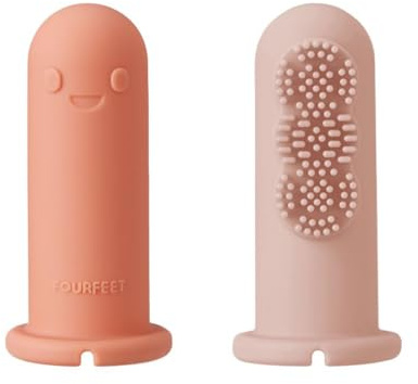 Fourfeet Dino Finger Toothbrush | Baby Silicone Oral Care Brush | Toddler Gum Cleaner | BPA Free Soft Bristles | Easy Drying Air Vent | Food Grade Material | Made in Korea - Coral + Beige (2PCS)