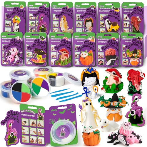 Halloween Lavoretti Plastilina per Bambini 48 Pasta Modellabile & 10 Colore Argilla da Modellare & 4 Attrezzo Lavoretti Creativi per Bambini Air Dry Clay Regali di Halloween per Ragazzi e Ragazze