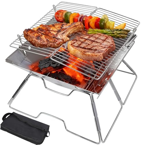Lineslife Foldable Fire Pit with Grill for Camping Collapsible Portable Fire Pit with Campfire Grill & Tote Bag for Backyard, Patio, Picnic, BBQ