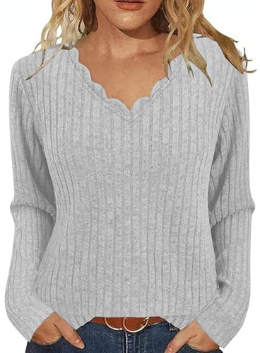 Women's Jumpers Long Sleeve V Neck Sweatshirts Knit Jumper Fall Oversized Loose Fit Pullover Tops Lightweight Soft Casual Sweater Fleece Winter Warm Blouses Solid Color Tunic Shirt Size S-XXL Gray