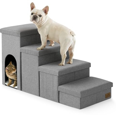 COZY KISS Escalier pour Chien avec Rangement, Pédale Pliable pour Animaux de Compagnie avec Couvercle étanche, Vieux Chat Rampe Chaise Canapé, Poids léger, Consolation (Gris, condo（109x43x58cm）, 4)