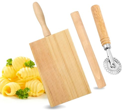 FuYelng 3 Piezas Tablero de Pasta con Cortador y Rodillo, 20,6 * 8,1 cm Tablas de Cocina de Madera para Ñoquis Tabla de Ñoquis, para Macarrones Empanadillas Regalos para Restaurantes