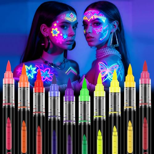 LOPHE Halloween neon smink UV-penna, 10 färger kroppsmålning barnsmink set tvättbar, neonansikte färg tillfällig tatueringspenna för neonfest dekoration, set B