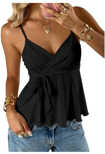 GORGLITTER Women's Wrap Top Crop Babydoll Peplum Vest Summer Flowy Tops | Cute Tank, V Neck Tops, Basic, Going Out, Clubbing, Floaty Cami