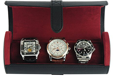 TIMELYBUYS Deluxe Black Saffiano 3 Watch Bangle Bracelet Travel Watch Case and Jewelry Roll