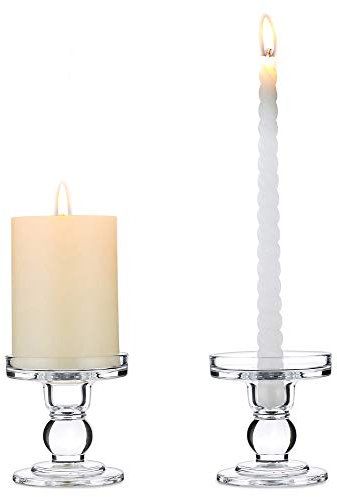 NUPTIO 2 Pcs Glass Taper & Pillar Candle Holder, Christmas Candle Holder Decorations, 8cm Height Crystal Window Candles Stand, for Wedding & Dinning Table Centerpieces Home Halloween Decoration