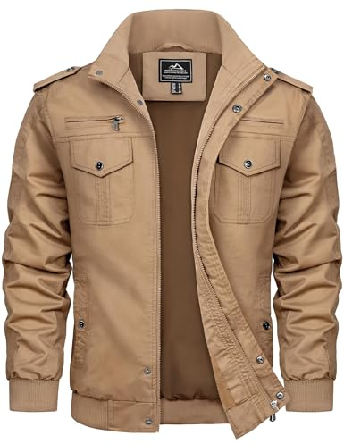 TACVASEN Giacca in Cotone Leggero, Stile Casual, Elegante per Uomo (Grande (L), Cachi)