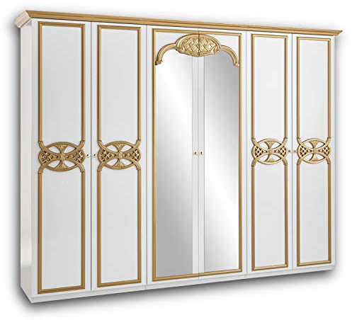 Stella Trading Claudia Königlicher Kleiderschrank mit Spiegeltüren & viel Stauraum - Vielseitiger Schwebetürenschrank im Barock Design, Weiß - 280 x 215 x 60 cm (B/H/T)