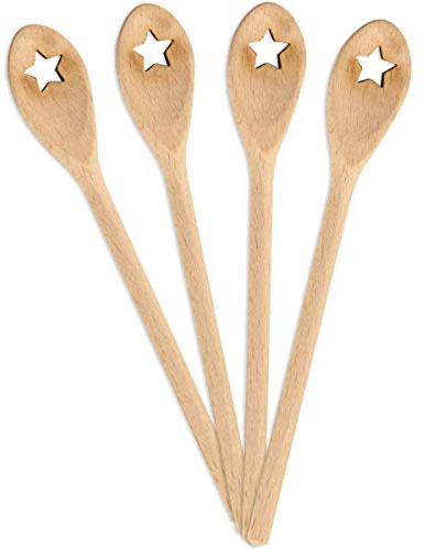 Spruchreif · Cucharas gourmet de madera · Juego de 4 mini cucharas de madera · Diseño de estrella · Mini cuchara como idea de decoración · Etiqueta de regalo · Decoración de madera · Idea de regalo