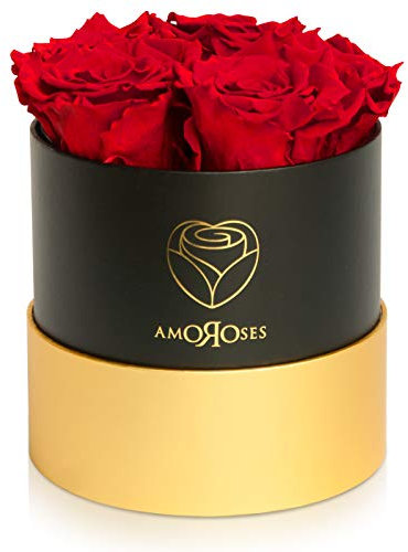Amoroses Petite - Caja de Regalo 5 Rosas Eternas Estabilizadas - Elegante Ramo de Flores Reales | Idea de regalo (Petite Caja Negra con Rosas Rojas)