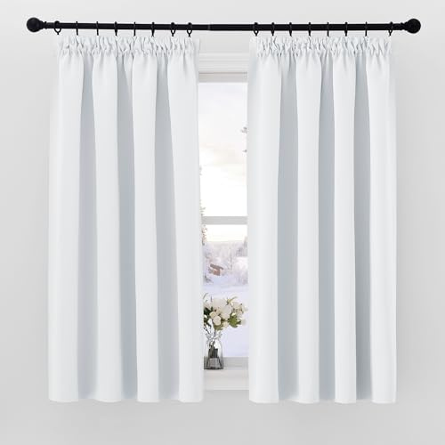 PONY DANCE Blackout Curtains for Bedroom - Thermal Pencil Pleat Curtains Noise Reduction Curtains Light Blocking Panels for Living Room, 2 Panels, Greyish White, W55 X L57