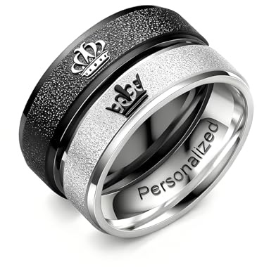 Ihanskio Anillos de pareja Promsie a juego, color negro, con la corona de su rey y su reina, grabados, mate, anillos de compromiso y boda de acero de titanio, Metal (Negro/Plata-6mm)