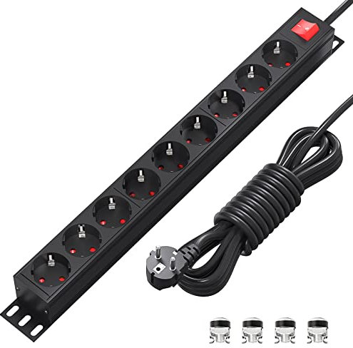 Regleta Enchufes con 9 Tomas, Enchufe Multiple, Regleta Enchufes con Interruptor, Regleta Eléctrica Rack de 19 Pulgadas, Cable de 2M, 3500W/16A para el hogar, Oficina y Viajes, Negro