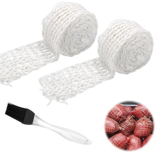 BRISKORE 3 m x 2 Rollen Rollbratennetz, Schinkennetz, Räuchernetz Weiß, Fleischnetz, Dehnbares Bratennetz Zum Aufhängen, Backen und Kochen von Fleisch, mit 1 Backpinsel, 5-16cm Breit, 16 Löcher