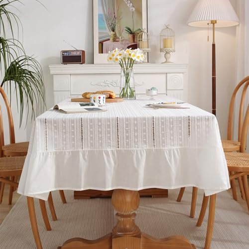 Weiße Tischdecke Baumwolle, Baumwolle Ausgehöhlte Rüschen Tischtuch für Esszimmer, Garten, Party, Hochzeiten oder Haushalt, Weiß, Stil 2, 150 x 200 cm