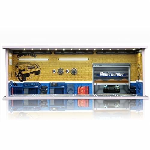 Saichotoy Display Case for Hot Wheels: Stackable Parking Garage for 1/64 Scale Matchbox Toy Car, FoamBoard Storage for Monster Trucks with LED Light and Acrylic Cover, Repair Store