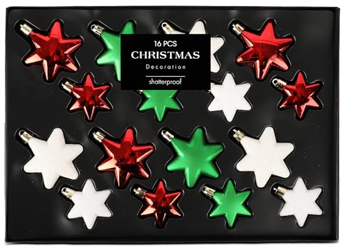 MiCasa SuCasa Weihnachtskugeln Set Sternenform 16-teilig – Rot, Grün, Weiß – Christbaumkugeln 6 cm & 4,5 cm Durchmesser – Glanz, Matt & Glitzer – Weihnachtsdeko & Christbaumschmuck ausgefallen