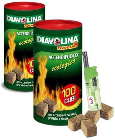 Diavolina Accendifuoco Ecologico 100pz, Accensione Istantanea Naturale Pratica Sicura per Camino, Stufa, Legna, Barbecue con Accendino GM (2 CF + accendino)