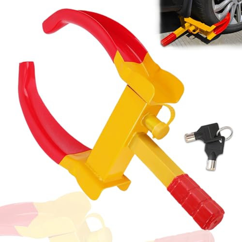 AHDXKUE Wheel Clamp Lock Heavy Duty Car Wheel Lock Clamps, Yellow and Red, 2 Keys, Securing Vehicles in Garages, Caravans, Trailers, Motorhomes, Vans, and Other