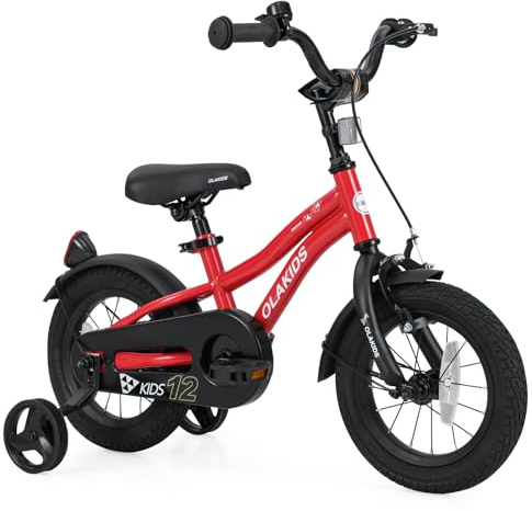 Olakids Kids Bike, 12 14 16 18 Inch Toddlers Bike with Training Wheels Safety Bell Adjustable Seat and Handlebar, Handbrake and Coaster Brake, Children's Bicycle for Boys Girls (12 Inch, Red)