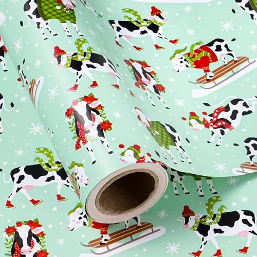RUSPEPA Papier Cadeau De Noël - Mini Rouleau - 43,2 Cm X 10 M - Motif Vache Vert Clair Pour Les Fêtes De Noël Et Les Fêtes