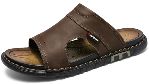 MXTSH Leather Slide Sandals for Men, Slip On Summer Beach Shoes, Rubber Sole, Coffee (Coffee Khaki, Adult, Men, 10, Numeric, US Footwear Size System, Medium)