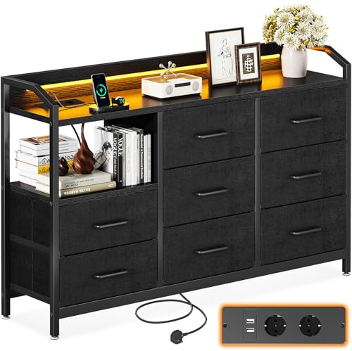 ODK Comoda Dormitorio, Cajonera con Tira de Luz LED de 10 Colores Ajustables y 2 Salidas USB y 2 Salidas de CA, Incluidos 8 Cajones Grandes de Tela, 110 * 30 * 88, Negro