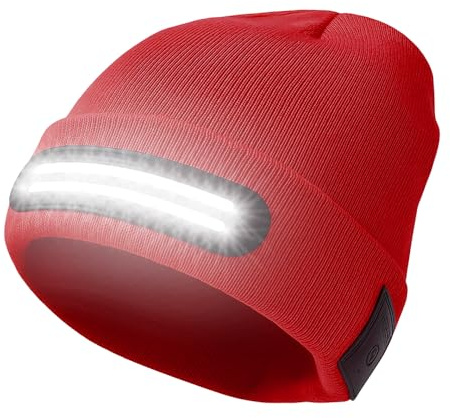 GRACETOP Cappello Illuminato Berretto, 230° Fascio Largo USB Ricaricabile con LED Impermeabile con Lampada Frontale, Berretto Invernale Caldo, Regali Natale per Uomo Donna, Marito, papà (Rosso)