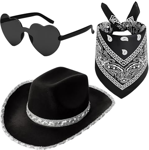 3Pcs Cowboy Hat Fancy Dress Accessory, Cowboy Outfit Women, Black Cowboy Hats for Women, Classic Cowboy Outfit Accessories for Halloween, Bachelorette Parties, Country Concerts, and Themed Events