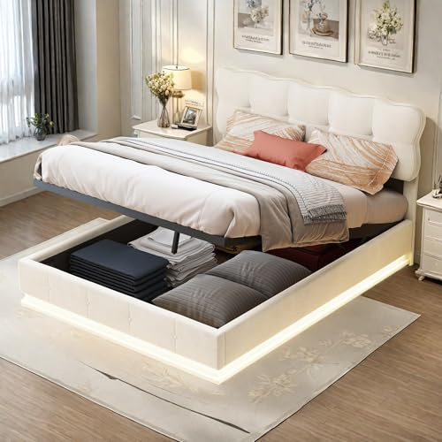 FEEOHOME Lit Coffre 140 x 200 cm, lit Double rembourré avec Espace de Stockage et sommier à Lattes, Lit 2 Personnes avec LED, Cadre de Lits pour Adulte Adolescent, Velours, Beige