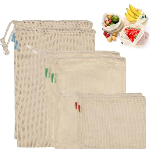XHNKEG 6 Pcs Vegetable Bags, Cotton Drawstring Bag Small Mesh Bag Natural Cotton Muslin Bags Reusable Produce Storage for Vegetables Fruits and Grocery Shopping