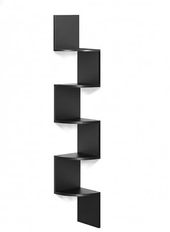 Relaxdays hörnhylla, HxBxD: 125 x 20 x 20 cm, 5 hyllor, MDF, svart | sicksackdesign, vägghylla, hängande bokhylla
